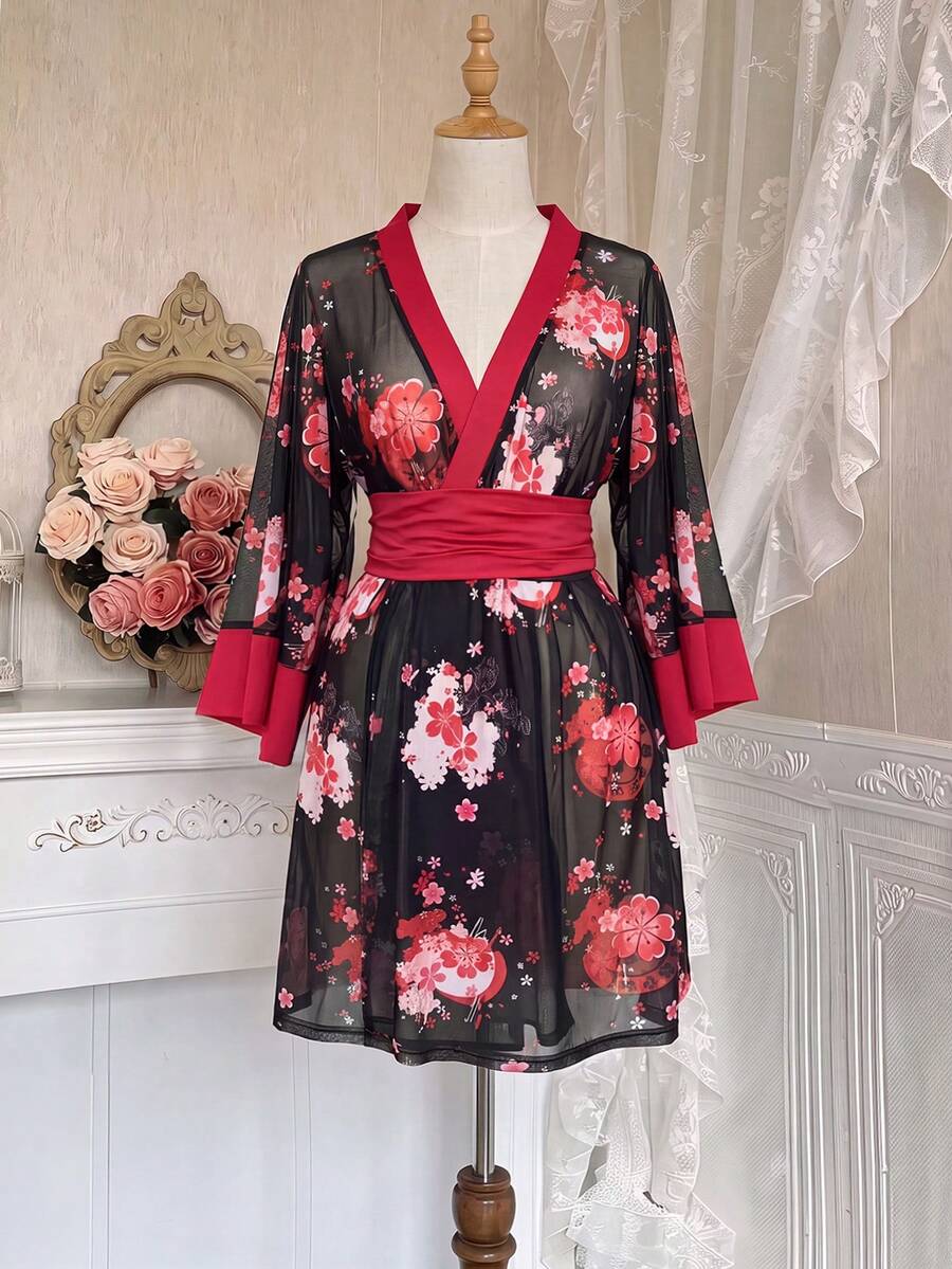 Vibekara Vestido corto estampado con efecto de cintura ceñida, sexy y romántico - Rojo - Ver 1