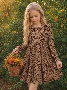 SHEIN Tween Girl 夏季/秋季满身印花荷叶边饰荷叶边袖连衣裙，非常适合夏季和秋季休闲和日常穿着以及学校日常穿着，妈妈和女儿和姐妹搭配 - 卡其色 - 查看 1