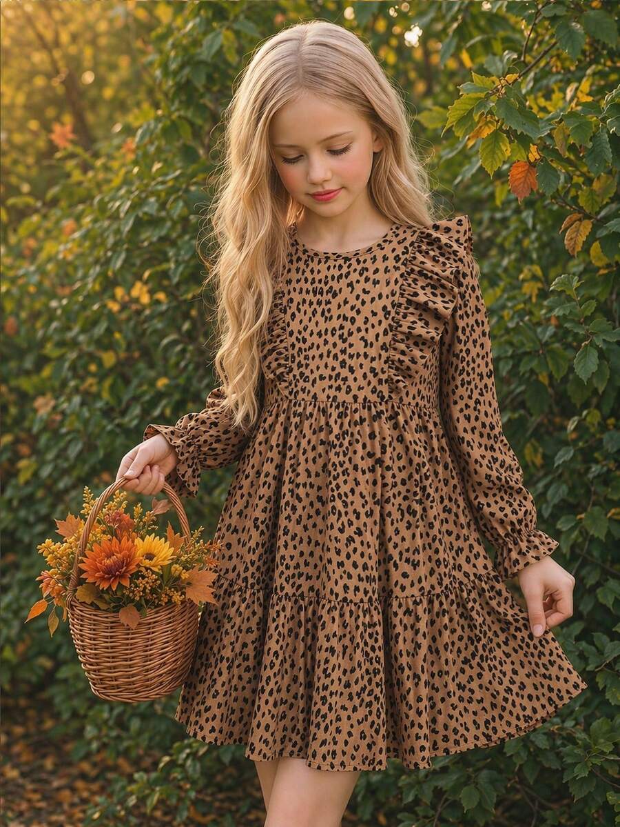 SHEIN Tween Girl 夏季/秋季满身印花荷叶边饰荷叶边袖连衣裙,非常适合夏季和秋季休闲和日常穿着以及学校日常穿着,妈妈和女儿和姐妹搭配 - 卡其色 - 查看 1