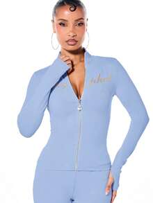 BABYPHAT High Neck Long Sleeve Jersey Zip-Up Top With Gold Glitter Script Logo Print - Baby Blue - View 6
