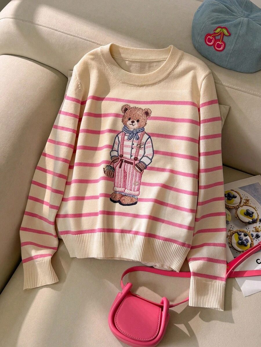 SHEIN 1件女童秋季毛衣長袖上衣,休閒時尚校園可愛穿搭,熊圖案印花,適合秋冬,校園穿著,簡約休閒造型,聖誕服飾 - 白色 - 查看 1