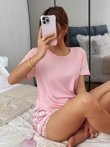 Softscene Pink Round Neck Top & Shorts Pajama Set, 2 Pieces - Multicolor - View 6