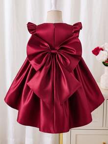 SHEIN Glamorique Kids Infant Girl Wedding Flower Girl Dress, Burgundy Glossy Fabric, 3D Bow Back, Train, Baby Girl Dress, 1st Birthday Dress Autumn Winter - Burgundy - View 5