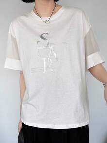 FRIFUL Women's Summer New Round Neck Short Sleeve Patchwork Sheer Fabric Silver Foil Letter Print Loose Versatile T-Shirt - White - View 4