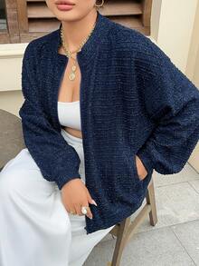 Dazy Plus Plus Size Knitted Jacquard Fabric Loose Long Sleeve Casual Street Style Blogger Spring Autumn Coat - Navy Blue - View 1