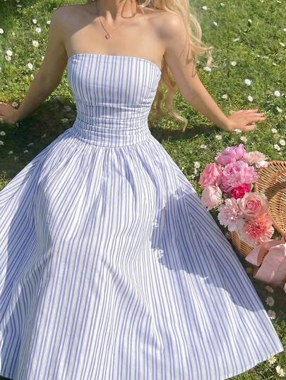 SHEIN MOD Women's Blue And White Stripe Pleated Fashion Tube Top Dress Graduation Elegant Cottagecore Coastal Vacation Going Out Picnic Outfits Summer Campus