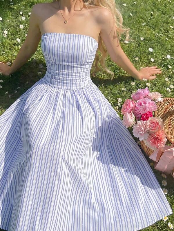 SHEIN MOD Women's Blue And White Stripe Pleated Fashion Tube Top Dress Graduation Elegant Cottagecore Coastal Vacation Going Out Picnic Outfits Summer Campus