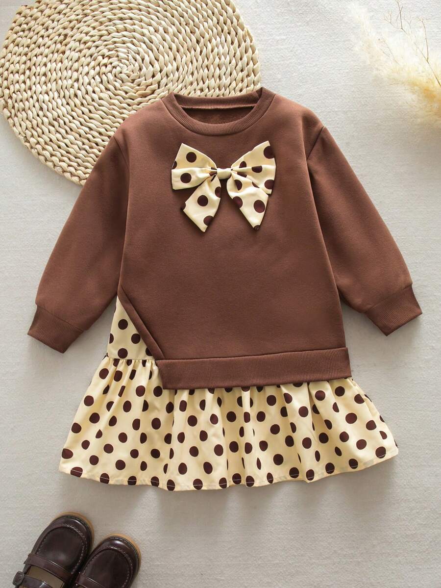 SHEIN Young Girl 3D Bow Decor Polka Dot Print 2 In 1 Long Sleeve Dress - Multicolor - View 1
