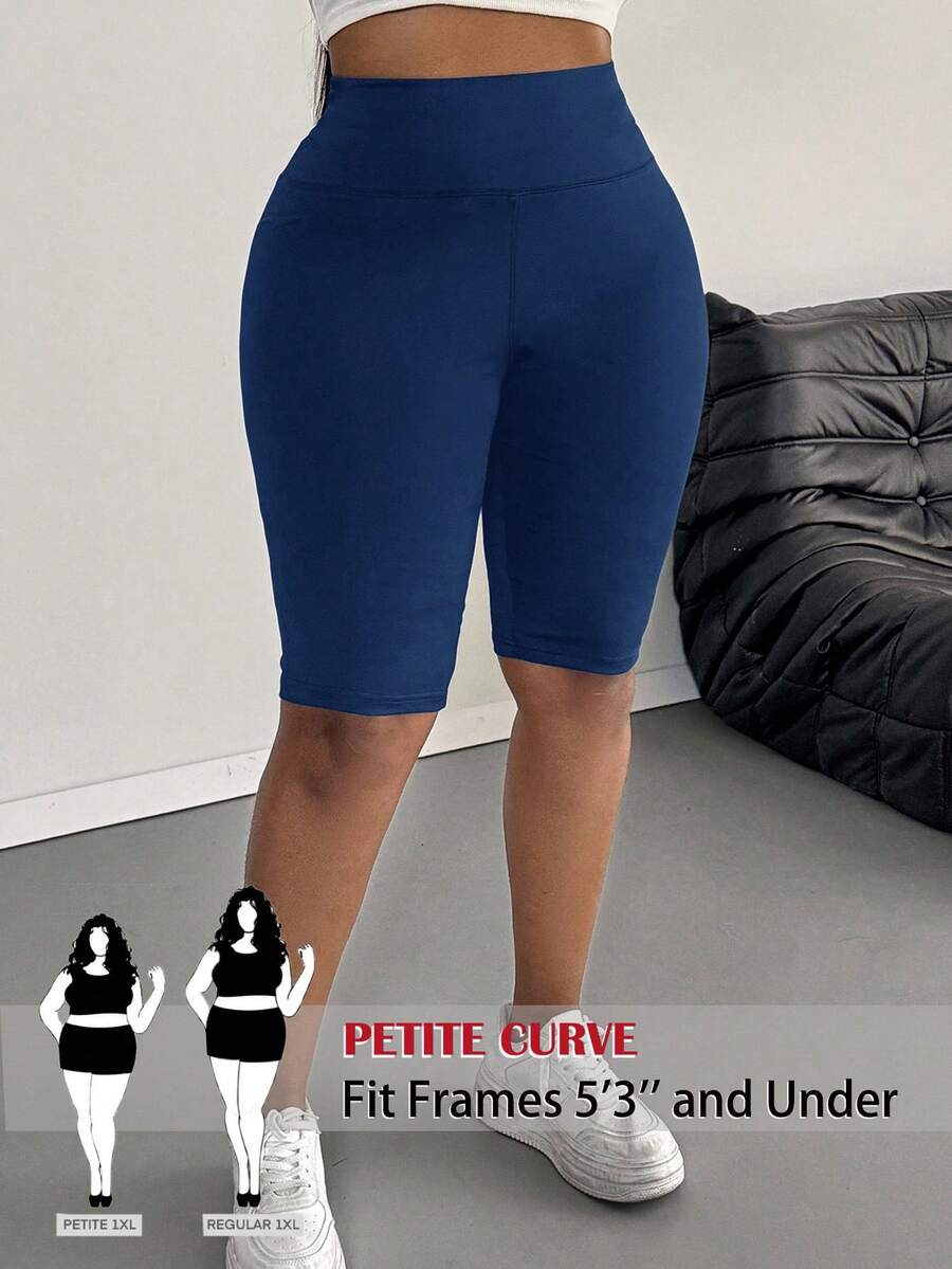 SHEIN PETITE CURVE 大尺碼女款休閒極簡純色內搭褲,適合夏季 - 藏蓝色 - 查看 1
