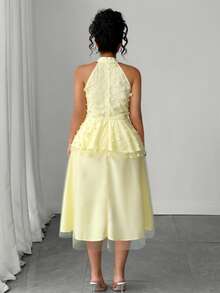SHEIN Clasi Plus Size Women's Elegant Sleeveless Halter Neck 3D Floral Double Layer Mesh Dress, Summer Outings, Parties, Dates, Wedding Butter Yellow - Yellow - View 2