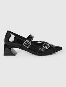 ROMWE Grunge Punk Elegant Pointed Toe Chunky Heel Lacquer Leather Pumps For Christmas Y2K 2000s Style - blue black - View 3
