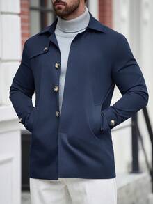 Manfinity Mode Men's Solid Color Single-Breasted Fashion Versatile Daily Casual Trench Coat Jacket - Navy Blue - View 6