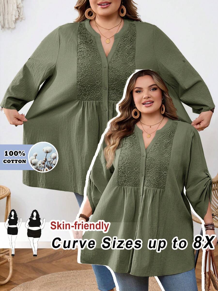 SHEIN CURVE+ Curve 尺码 US22 音乐节、海滨度假、波西米亚风休闲纯色蕾丝拼接前扣宽松衬衫 - 軍綠色 - 查看 1