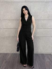 Hitanina 女款優雅黑色商務休閒辦公室夏季通勤對比飾邊背心與長褲套裝，教師穿搭，婚禮賓客禮服，老錢風 - 黑色 - 查看 4
