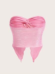 SHEIN ICON Spring  Twist Front Split Hem Tube Pink Top - Pink - View 2