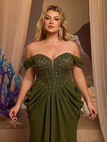 Glamrae Plus Size Elegant Glamorous Sequin Patchwork Elastic Knit Off-Shoulder Cap Sleeve Ruched Bodycon Mermaid Hem Evening Gown Suitable For All Formal Occasions - Army Green - View 4