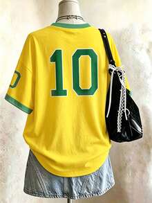 EMERY ROSE Plus Size Women's Casual Cowboy T-Shirt, Vintage Brazil Team White Striped Print Football T-Shirt, Suitable For Daily Wear Vacation Summer - Black - View 2