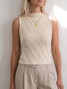 Sprig & Strand Women's Solid Color Diagonal Ribbed Knit Mock Neck Slim Fit Flattering Vintage Minimalist Elegant Soft Sexy Style Top Office Brunch Cream White Summer - Apricot - View 2
