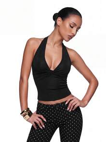 SHEIN ICON 女士休闲深 V 领扭结背心 - 黑色 - 查看 4