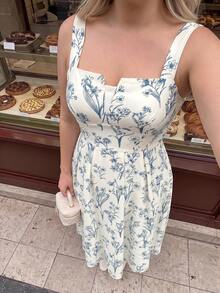 SHEIN MOD 大码女式优雅花卉印花细肩带褶皱连衣裙，夏季度假，沙滩裙太阳裙，波西米亚风度假装，紧身胸衣裙 - 藍色 - 查看 3