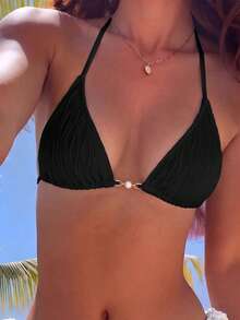 Swim Mod Women Fashionable Summer Beach Vacation Style Solid Simple Bikini Top - Black - View 5