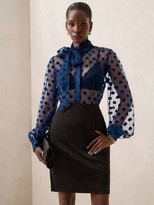 Briarwyn Women's Polka Dot Mesh Tie Neck Long Sleeve Loose Sheer Blouse - Navy Blue - View 6