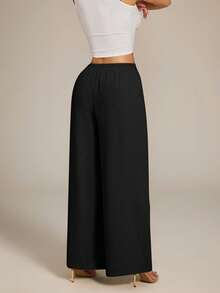 SHEIN PETITE Women's High-Waist Solid Color Pleated Wide Leg Loose Basic Casual Pants Autumn Work Office Black - Black - View 2