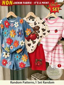 (Patrón Aleatorio, 1 Set Aleatorio) Camiseta Corta Básica y Shorts para Niñas con Diseño Fresco de Moda Minimalista, Rayas Rosas, Fresa, Leopardo, Lazo, Cereza y Patrón Floral Colorido - Multicolor - Ver 1