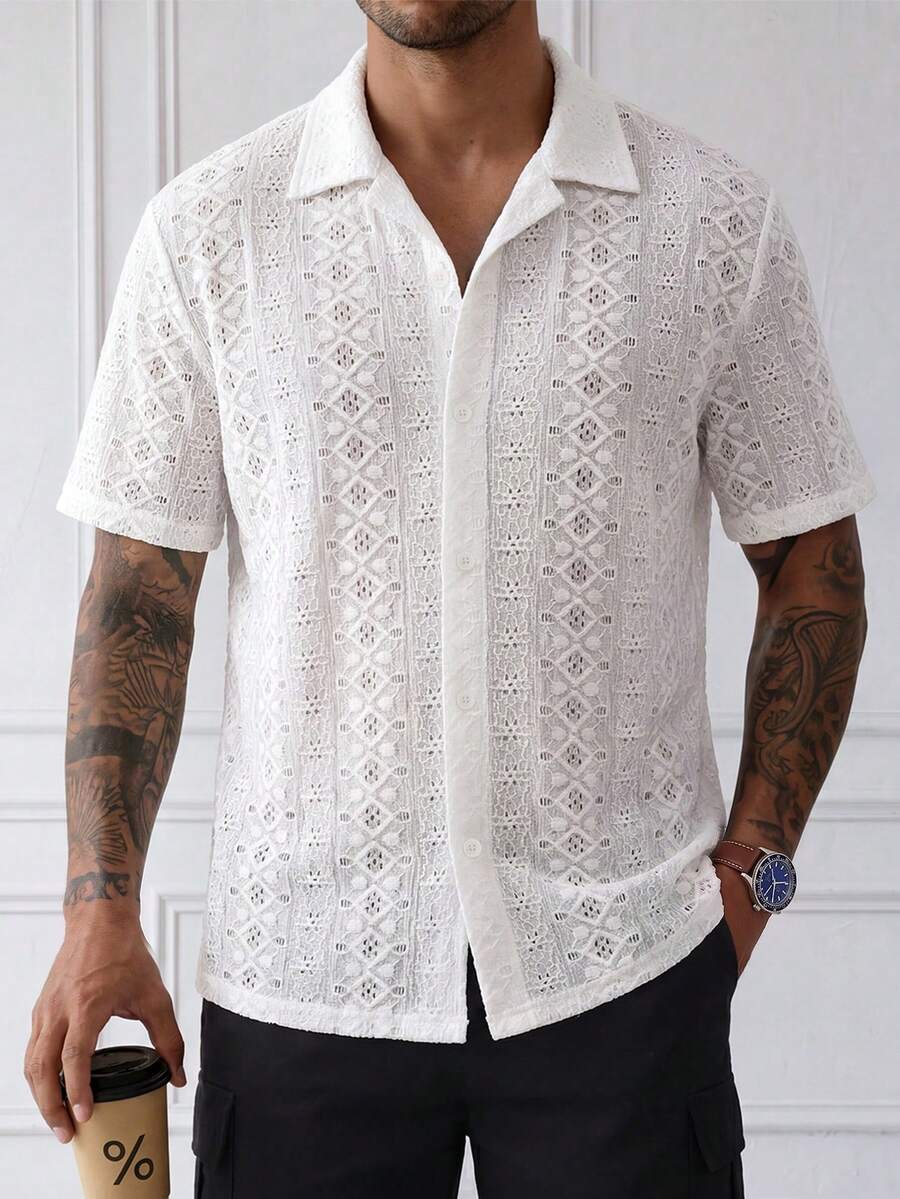 HUEFORM Men's Casual Fashion Versatile Single-Breasted Short Sleeve Shirt,The Openwork Textured Fabric Is Perfect For Outdoor Activities. For Men - White - View 1