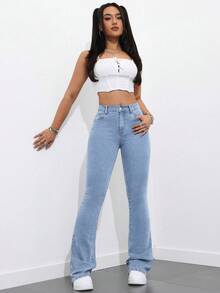 SHEIN PETITE Casual Washed Slim Fit Flare Leg Jeans ,Petite Women - Light Wash - View 8