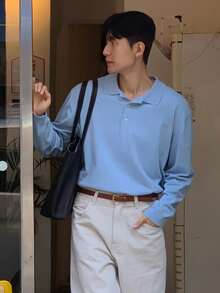 DAZY Blue Solid Color Polo Collar Commuter Long Sleeve Men's Sweater - Blue - View 5
