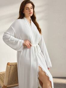 Ocili Women's Solid Color Minimalist Daily Lapel Tie-Up Comfortable Soft Lace Long Sleeve Plus Size Loungewear Robe - White - View 4