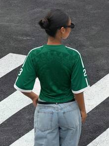 Muchica 女士夏季墨西哥短款足球球衣，褶皱腰身圆领蝙蝠袖上衣，世界杯球迷及街头服饰T恤 - 彩色 - 查看 2