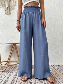 Breezaya Vacation Casual Versatile Solid Color Wide Leg Long Pants - Blue - View 3