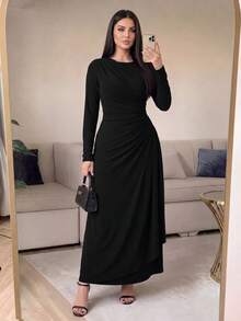 SHEIN Lady CURVE Plus Size Women's Elegant Long Sleeve Pleated Dress, Yellow, Autumn/Winter Fall - Black - View 5