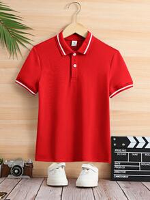 SHEIN Tween Boy Collared Solid Color Short Sleeve Polo Shirt,Kids - Red - View 6