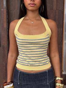 SHEIN BAE Contrast Color Striped Halter Neck Cropped Slim Fit Sexy Women's Sweater - Butter Yellow - View 7