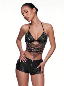 SHEIN ICON Sexy Sequin Mesh Cross Back Halter Crop Y2K Glitter Black Sexy Top Party Club Night Out Summer - Black - View 11