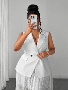 Maweii Plus Size Luxury White Sleeveless Blazer Vest Lace Skirt 2 Pieces Set Wedding Brunch Graduation Business Office Summer Casual Elegant - White - View 3