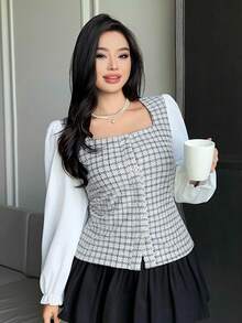 Dazy Plus Blusa elegante de talla grande con bloques de color, patchwork y puños acampanados para primavera, verano y otoño - Gris - Ver 6
