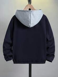 SHEIN Kids Tween Boy Casual College Patchwork Letter Pattern Hooded Jacket, Woven Thick Style, Suitable For School, Garden, Beach, Birthday, Spring, Summer, Autumn, Winter, Black, Brown - Grey - View 4