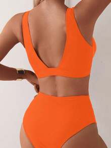 SHEIN Swim 2026 春夏橘色深V領純色性感度假高衩比基尼泳衣兩件套女款 - 橘色 - 查看 2