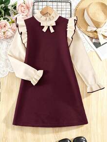 SHEIN Serisse Kids Tween Girl 3D Bow Decor Ruffle Flare Cuff Sweater Autumn Dress - Burgundy - View 3