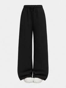 SHEIN 少女秋冬加絨加厚簡約抽繩寬鬆運動直筒長褲 - 黑色 - 查看 5