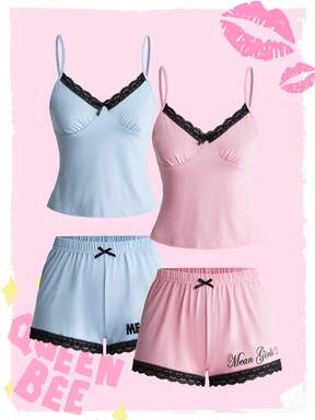 Mean Girls | ROMWE Women's Hot Girl Cami Top & Shorts Pajama Set 4-Piece