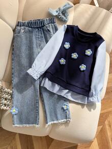 SHEIN 女童秋季棉質水洗百搭時尚休閒舒適柔軟寬鬆藍白條紋拼接花卉裝飾藍色水洗牛仔長褲套裝 - 藍色 - 查看 1