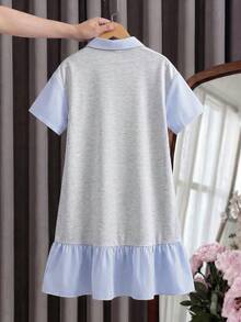青少年女孩 Polo 領條紋刺繡圖案短袖中長洋裝，適合青少年女孩，對比色荷葉領花瓣袖印花洋裝，適合學校、戶外活動、購物，鈕扣洋裝 - 彩色 - View 4
