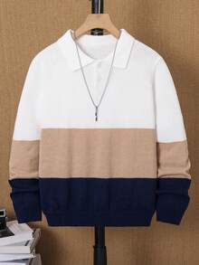 SHEIN 兒童青少年男孩休閒韓系學院風 Polo 領套頭針織毛衣，適合通勤、上學、日常休閒穿著、運動，適用秋冬 - 白色 - 查看 2