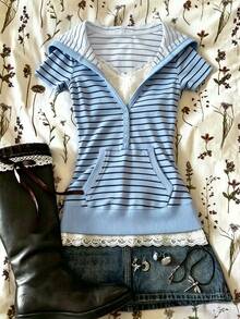 IslaSuriya Women's Striped Button Design 2 In 1 Short Sleeve Casual Top - Multicolor - View 1