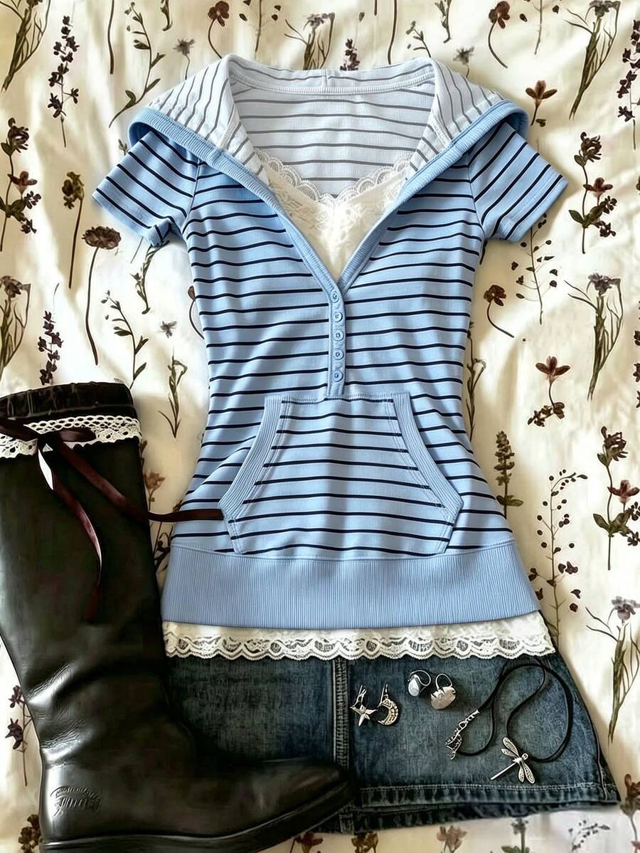 IslaSuriya Women's Striped Button Design 2 In 1 Short Sleeve Casual Top - Multicolor - View 1